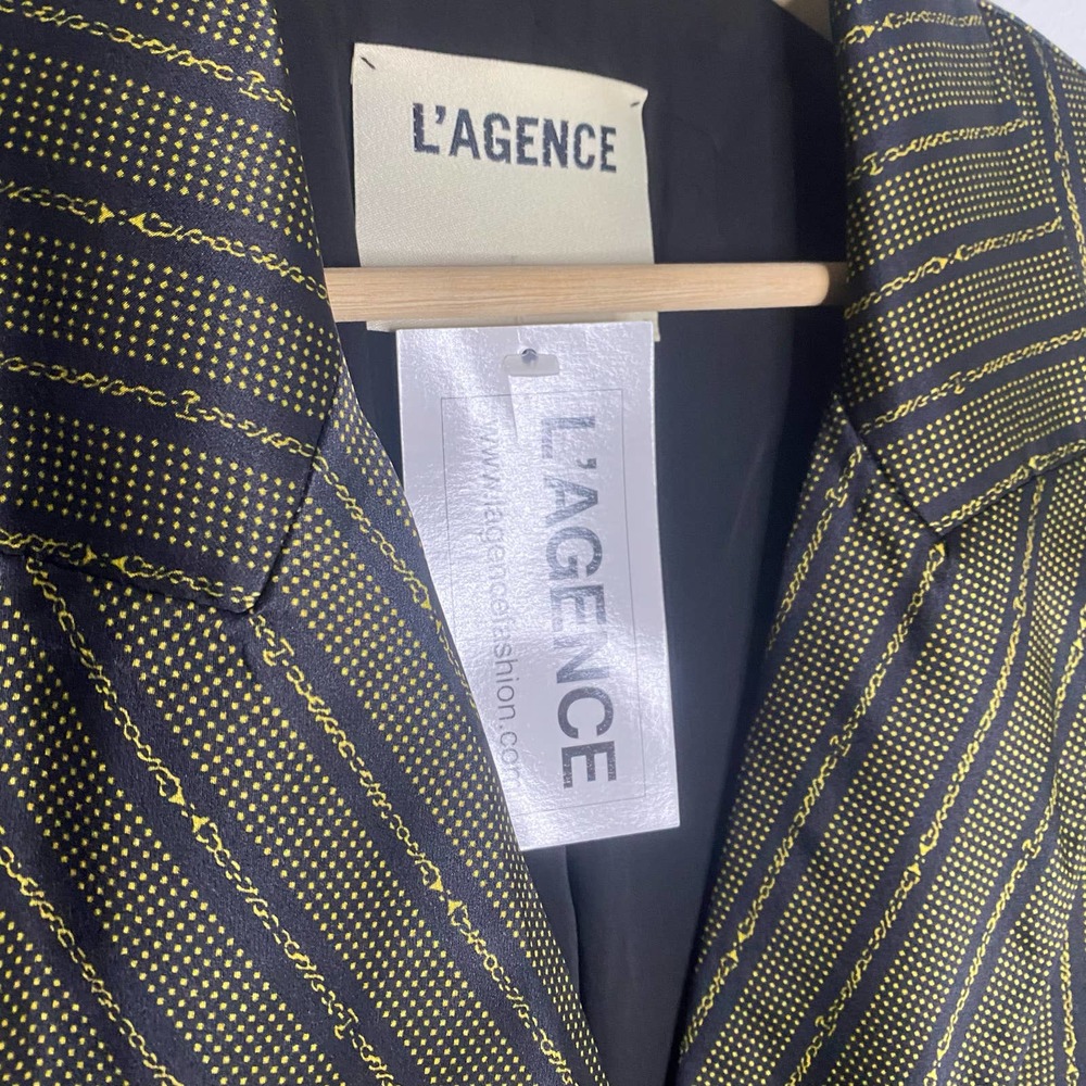 L’AGENCE 100% Silk Navy Gold Stripe Chain Print Blazer NWT - Picture 4 of 6